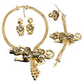 Overseas Western Bold 3D Cheetah Pendant Round Bead Chain Necklace Bracelet Set Earrings Ring Statement Jewelry 4-Piece Set