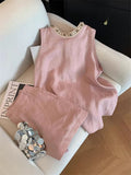 Women's Summer Ethnic Slimming Linen Beaded Tank Top + Shorts 2-Piece Set 2026 - Pink Set