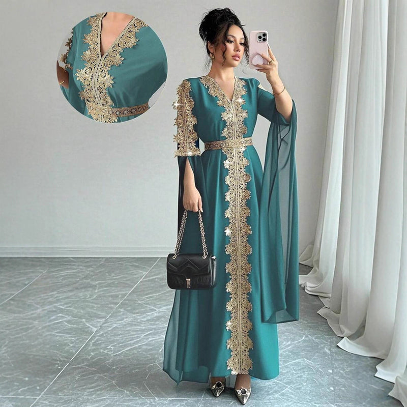 Women's Vacation Elegant Embroidered Long Sleeve V-Neck Dress + Long Skirt 2026 - Peacock Blue