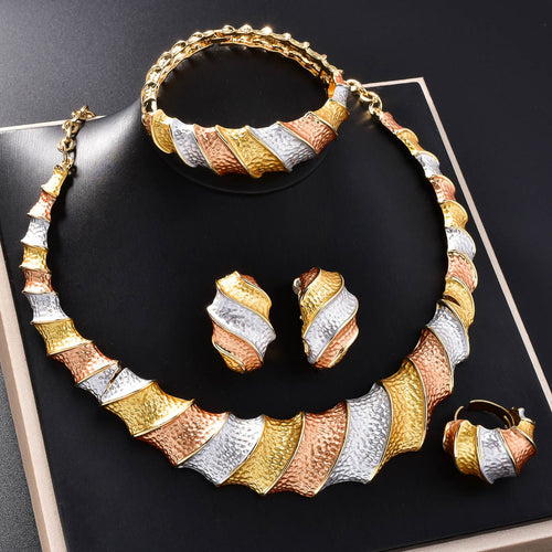 Overseas Jewelry Dubai 18K Gold Ribbed Statement Necklace Earrings Set Ring Bracelet Set Bohemian Jewelry Set