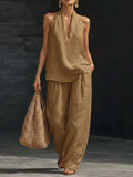 Summer Old Money Relaxed Linen Short Sleeve V-Neck Loose Wide Leg Pants + Top 2-Piece Set