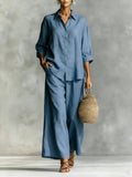 Casual Linen Cotton Wide Leg Pants + Shirt Set