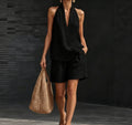 Summer Old Money Relaxed Linen Short Sleeve V-Neck Loose Wide Leg Pants + Top 2-Piece Set