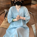 棉麻文艺中式国风重工刺绣V领中袖连衣裙夏季新款气质复古裙子女