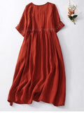 Plus Size Cotton Linen Embroidered Retro Mid-Length Dress