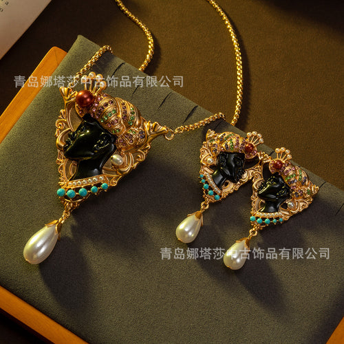 Overseas Vintage Heavy-Duty Set Inlay Beauty Head Stud Earring Necklace Set Retro Fashionable Luxury Jewelry Set