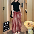 Summer Retro Casual Plus Size Plaid Wide Leg Pants + Tee Set