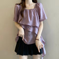 Summer French Designer Short Sleeve Boat Neck Square Neck Ruffle Shirt