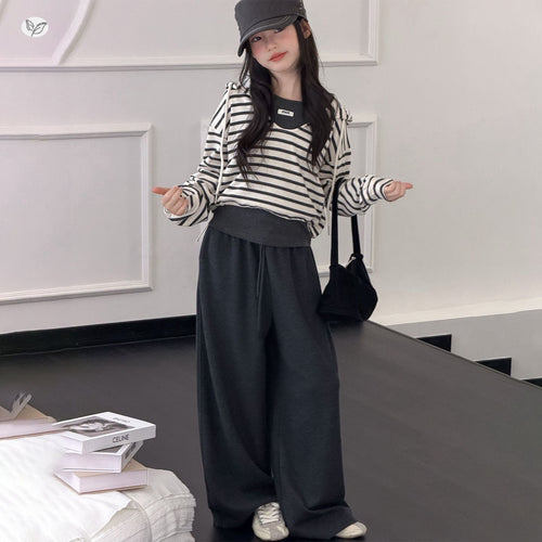 Girls' Short Striped Hoodie Base Layer Wide-Leg Pants Three-Piece Set