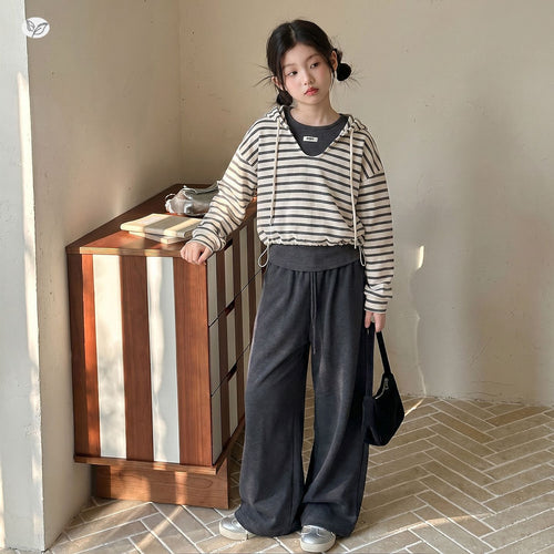 Girls' Striped Hoodie & Wide-Leg Pants 3-Piece Set