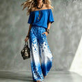 Summer Off-Shoulder Boat Neck Leopard Gradient Wide Leg Pants + Top 2-Piece Set