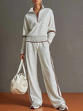 Sporty Casual Stand Collar Color-Block Wide Leg Pants + Hoodie 2-Piece Set