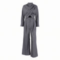 Fall Office Elegant High Neck Crop Twist Wide Leg Pants + Top 2-Piece Set