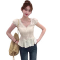 Summer Korean French Lace Short Sleeve V-Neck Lace Trim Fitted Shirt
