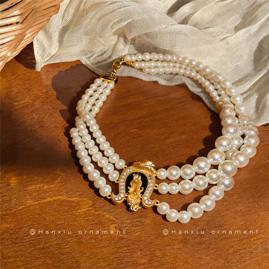 Multi-Layer Pearl and Rhinestone Horseshoe Necklace - view 4