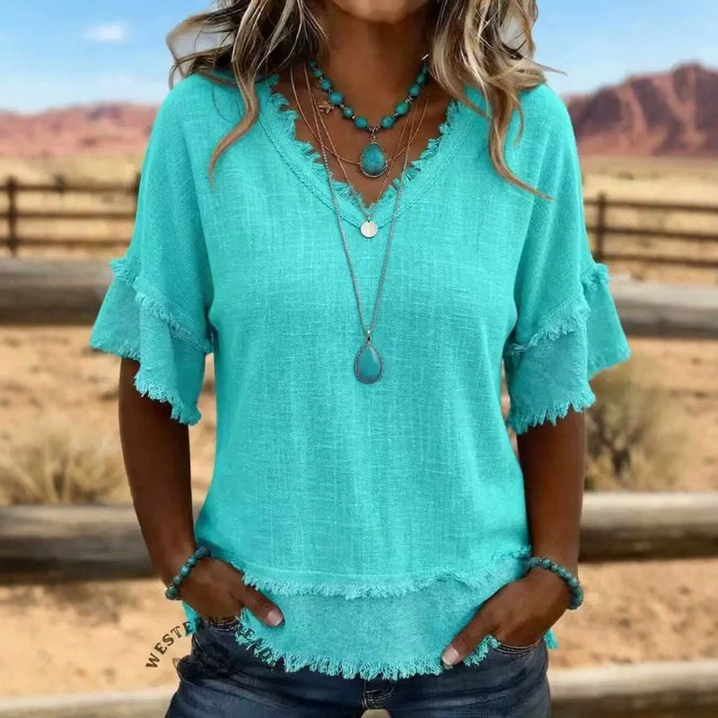 Summer Casual Short Sleeve V-Neck Loose Frayed Shirt