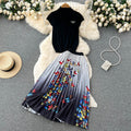 Summer Retro Unique Sleeveless Pleated Shirt + Long Skirt 2-Piece Set