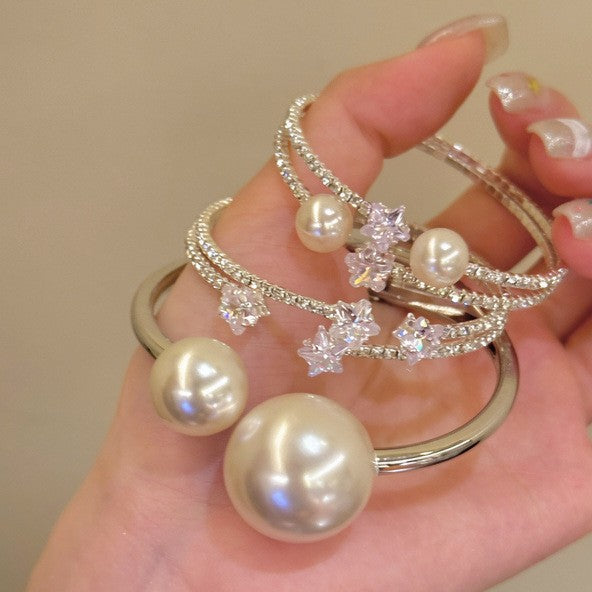 Korean Zircon Star Pearl Cuff Bracelet - view 2