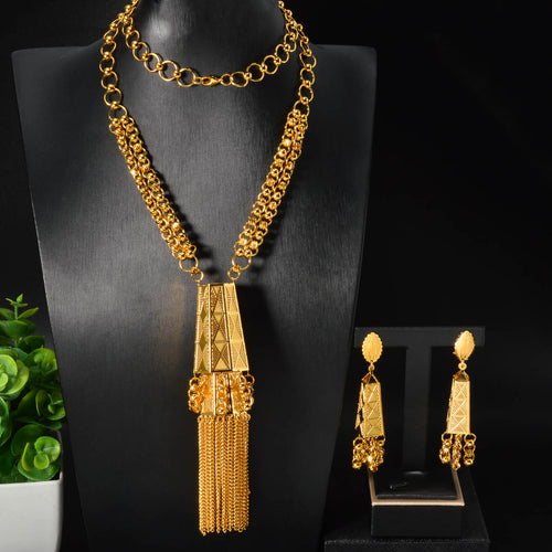 Middle East Huawei Beauty Retro Gold Color Accessory Cutout Geometric Round Fringe Necklace Earrings Set Imperial Breeze 2-Piece Set