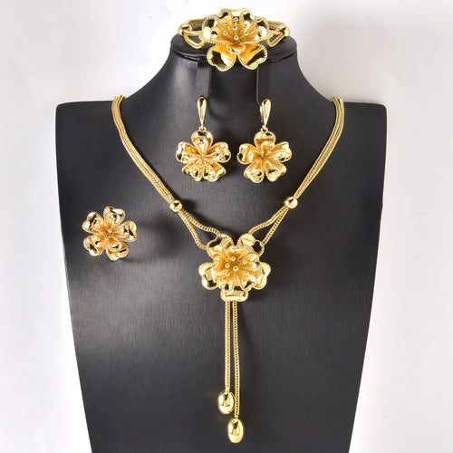 Overseas Dubai Bestseller 18K Gold Necklace Earrings Set Ring Bracelet Set India Women Banquet Flower Jewelry Set