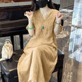 棉麻文艺中式国风重工刺绣V领中袖连衣裙夏季新款气质复古裙子女