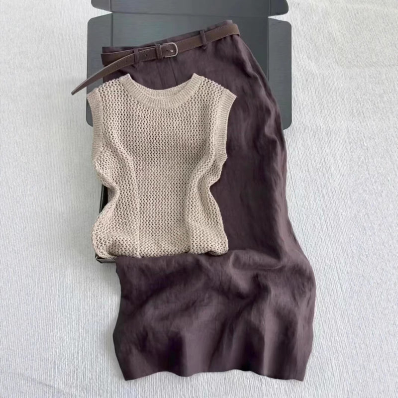 Summer Hong Kong Retro Sleeveless High Waist Knit Top + Skirt 2-Piece Set