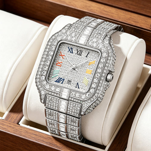 Export Overseas Hot Sale Fashionable Square Rhinestone Full Diamond Mens Watch La Horse Engrave Degree Premium Waterproof Quartz Watch