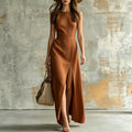 Minimalist Sleeveless Belted Slit Long Dress, Vacation Style