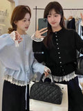 Women's Spring Korean Lace Crew Neck Tie-Front Waist-Tie Lace Trim Knit Top + Cardiga - As Pictured