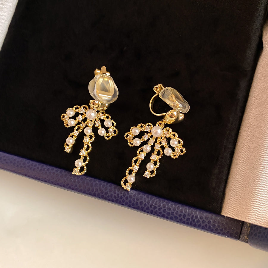 French Zircon Bow and Pearl Clip-On Earrings – No Piercing Required - view 6