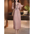 Retro Cotton Linen Embroidered V-Neck Plus Size Long Dress