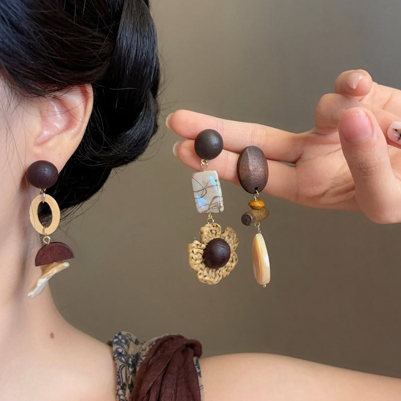 Bohemian Geometric Wooden Flower Stud Earrings - view 3