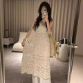 法式钩花镂空针织吊带连衣裙女夏宽松叠穿罩裙海边度假无袖背心裙