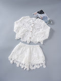 Women's Summer Bohemian Ethnic Lace Crochet Hollow-Out Crochet Camisole + Shorts 2-Pi - White
