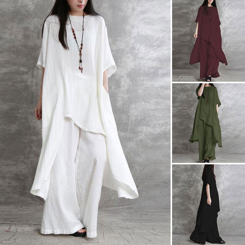 Korean Sporty Plus Size Linen Cotton Short Sleeve Crew Neck Top 2-Piece Set