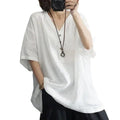 Cotton Linen V-Neck T-Shirt - Plus Size Casual Summer Lightweight Top Women