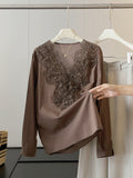 Summer Slimming Linen Cotton Lace Long Sleeve V-Neck Patchwork Heavy Shirt