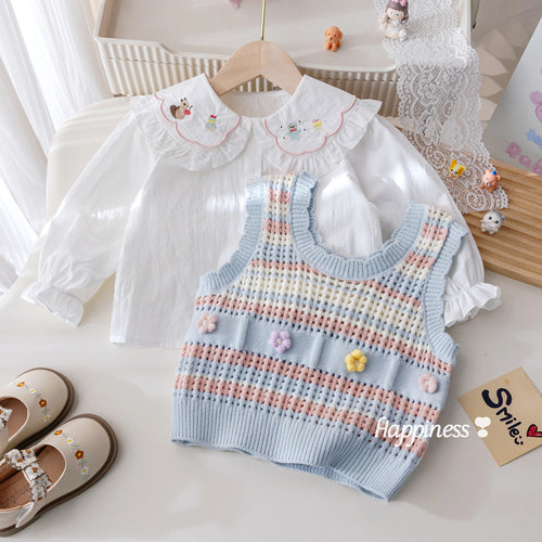 Girls' Cartoon Embroidered Lace Trim Shirt 2-Piece