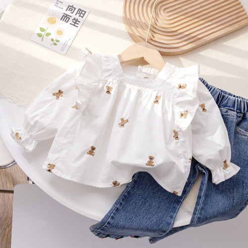 Girls' Bear Embroidery Lace Trim Shirt