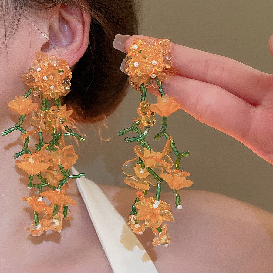 Floral Seed Bead Crystal Tassel Earrings - view 2