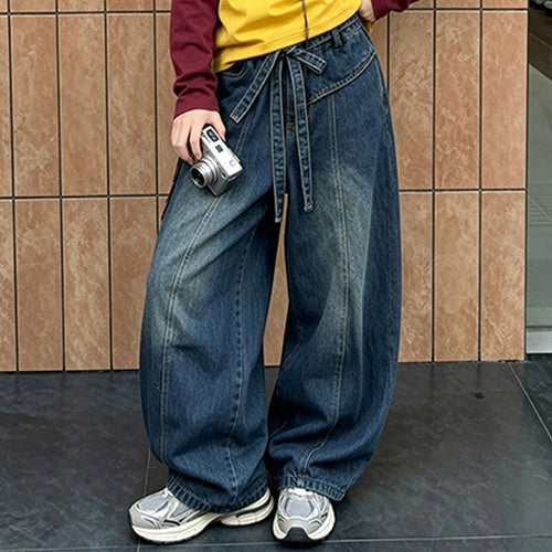 Girls' American Retro Spliced Wide-Leg Jeans - Fall