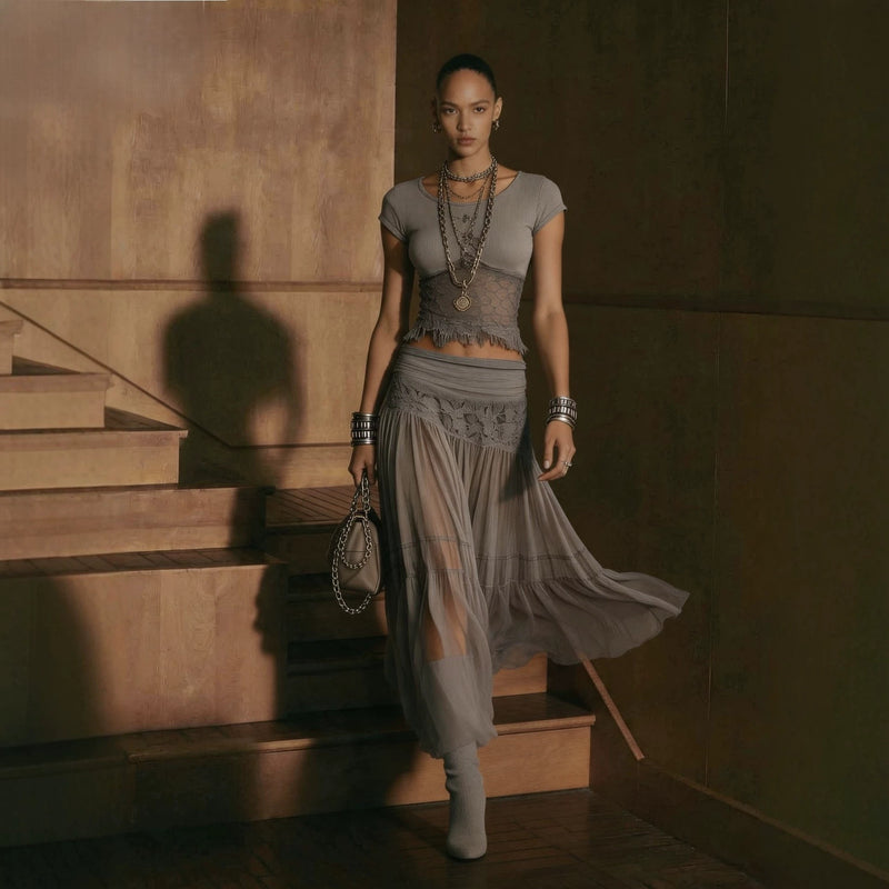 Women's Fashion Chiffon Knit Long Skirt + Top 2-Piece Set 2026 - Gray