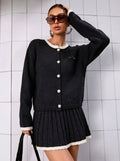 Fall Chanel-Style Fashion Knit Pleated Cardigan + Short Skirt 2-Piece Set
