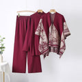 Fall-Winter Casual Fashion Knit Wool High Neck Mock Neck Loose Sweater + Shawl + Pants 3-Piece Set