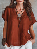 Spring-Summer Casual Linen Short Sleeve V-Neck Loose Shirt