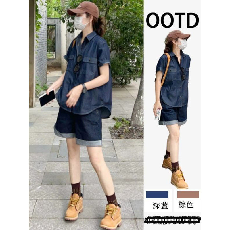 Summer Hong Kong Retro Short Sleeve Loose Shirt + Shorts 2-Piece Set