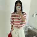 Women's Spring Korean Gentle Knit Striped Color-Block Cardigan + Jacket 2026 - Navy
