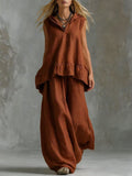 Spring-Summer Casual Fashion Linen Cotton Sleeveless Wide Leg Pants + Top 2-Piece Set