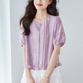 Summer Korean Fashion Short Sleeve Crew Neck Patchwork Lace Trim Shirt