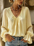Office Versatile Long Sleeve V-Neck Pleated Loose Shirt